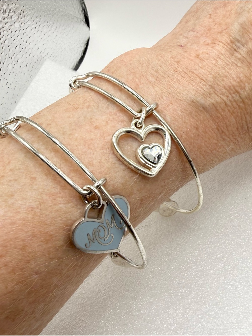 Alex and Ani shiny silver bangle bracelet light blue heart with MOM and Heart